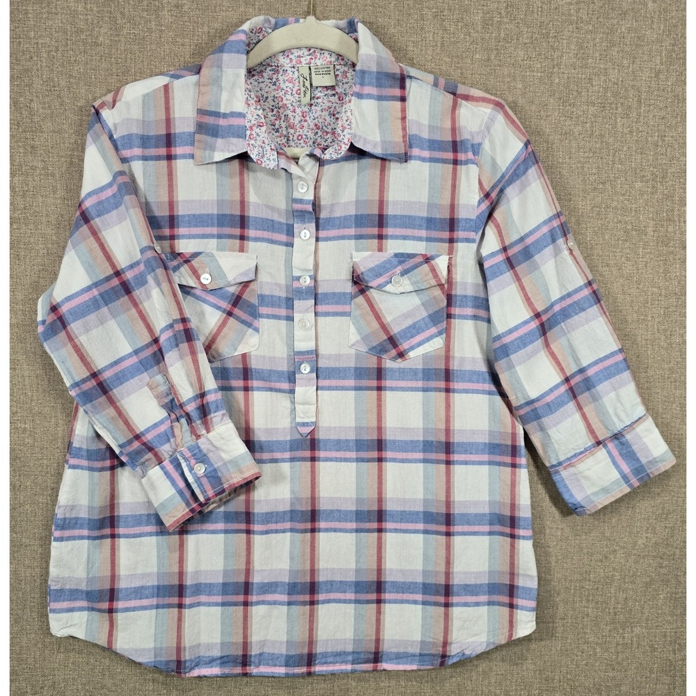 Love Potion Womens Plaid Tunic Shirt Blue Pink Cotton Roll Tab Sleeve Large